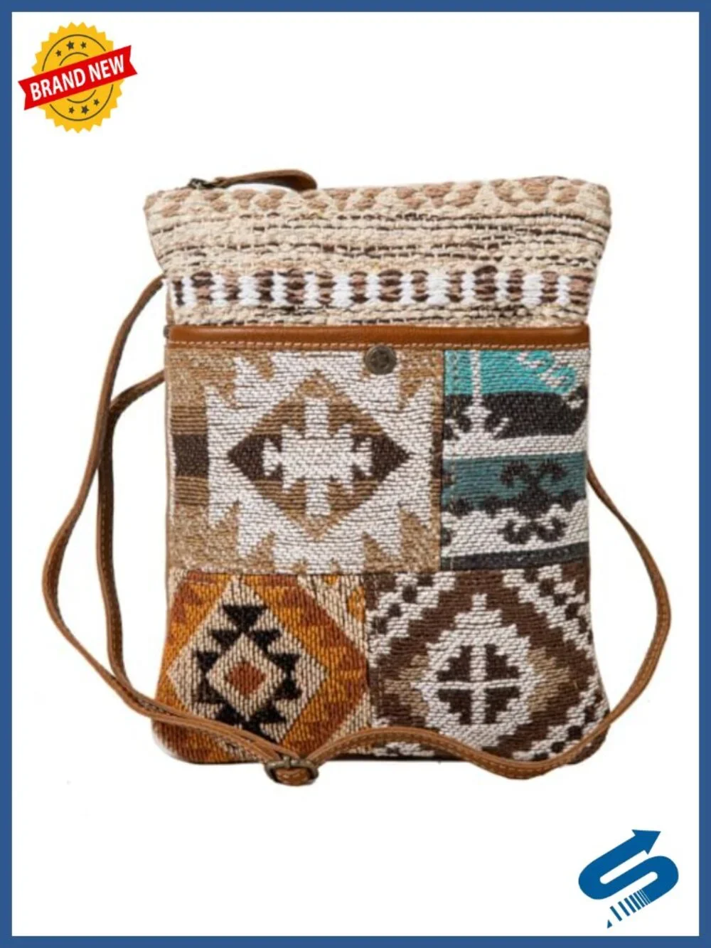 Canvas & Leather Crossbody Bag with Tribal Design